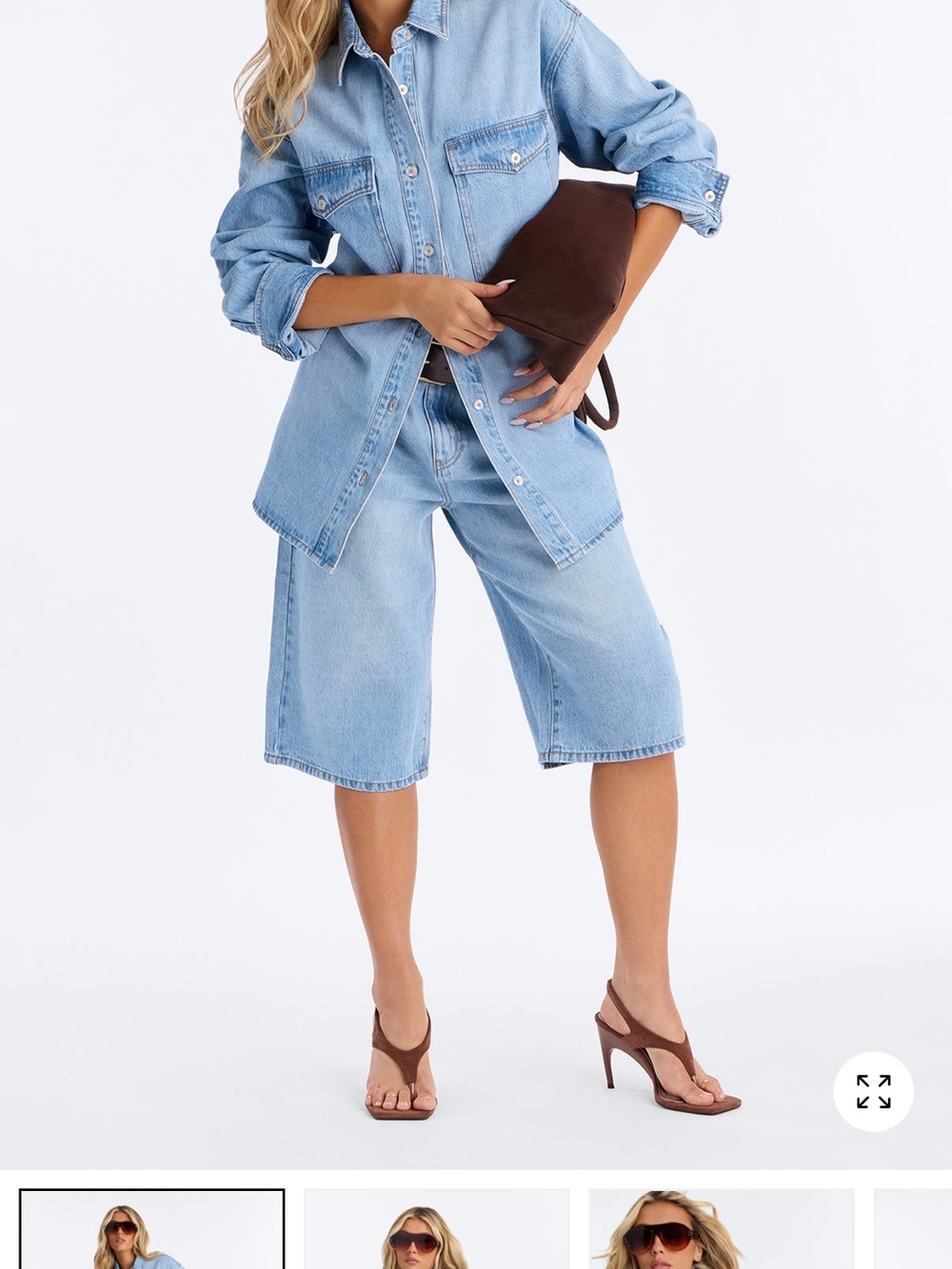 Fashion Nova Light Blue Denim Shirt & Bermuda Set with Brown Accessories